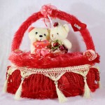 Beautiful Red Decorated Heart Cake Plush Cushion with Love Couple Teddy Bears
